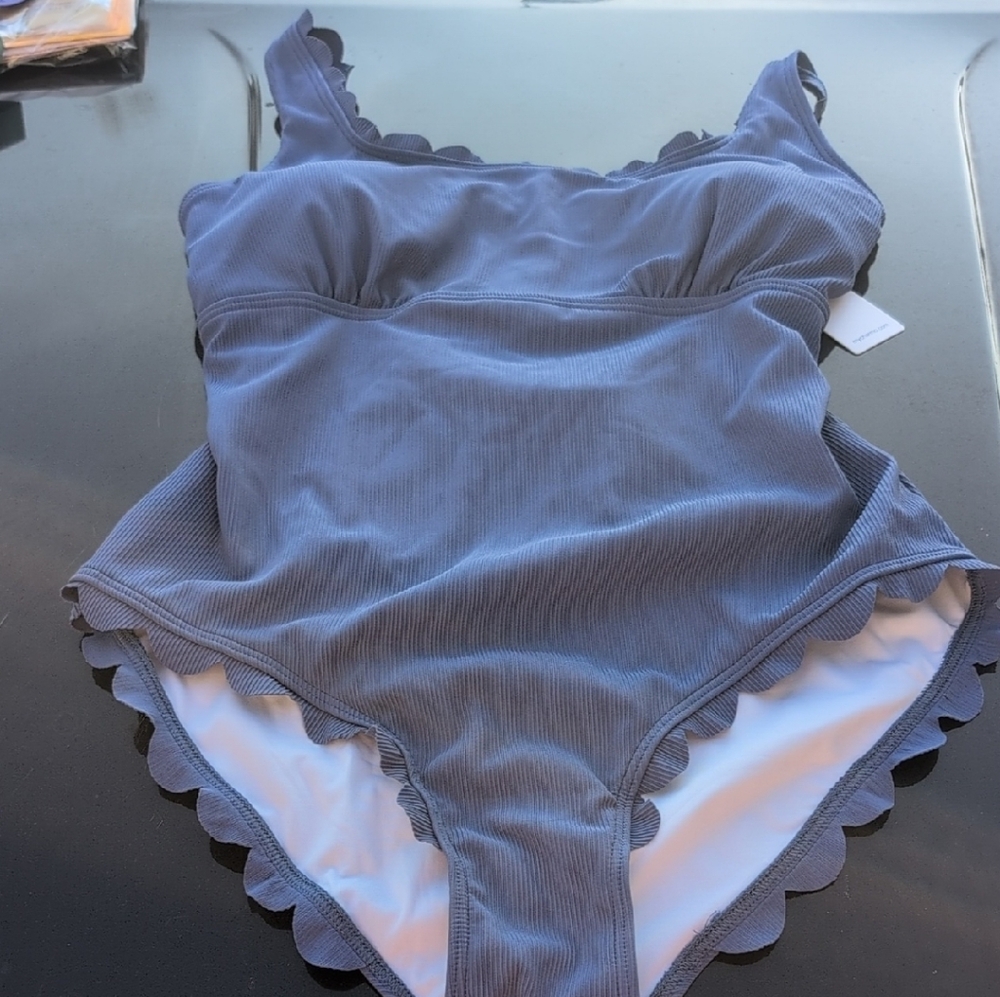 Blue Scalloped Trim One Piece Swimsuit